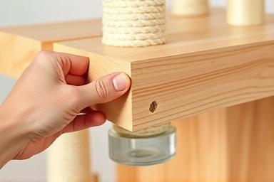Close-up of assembling a natural wood cat tree, emphasizing quality materials.