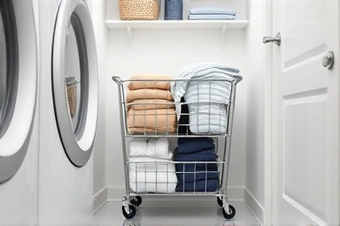 Small laundry room organized with a wheeled metal split laundry basket.