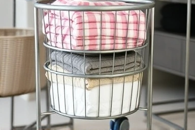 Stylish metal split laundry basket with wheels, showcasing ventilation.