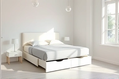 Spacious bedroom with integrated storage bed, uncluttered design.