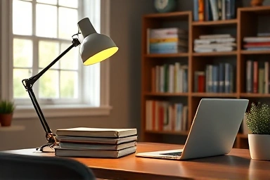Bright study room with focused desk lamp and natural light.