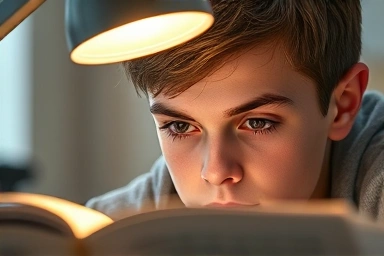 Student's focused eyes under a warm, glare-free desk lamp.