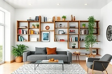 Modern living room with integrated modular shelving maximizing space