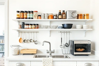 Organized kitchen with wall-mounted system shelves for efficient storage