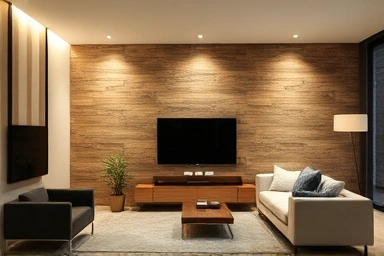 Modern living room with elegant temba board accent wall.