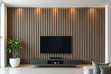 Temba board accent wall in a modern living room