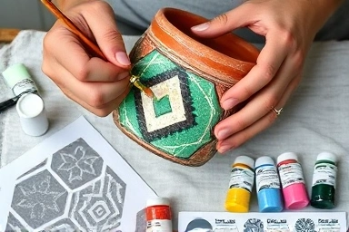 Hands painting geometric pattern on terracotta pot