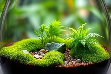Beautifully crafted terrarium with lush moss and ferns.