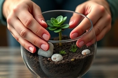 Hands creating a terrarium, placing a plant carefully.