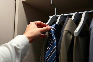 Effortless selection of tie from a rotating hanger in a wardrobe.