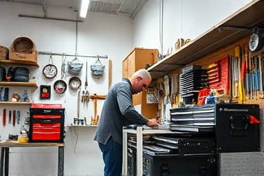 Workshop with organized toolbox and efficient workflow