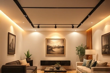 Modern living room with track lighting highlighting artwork.