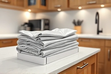 Neatly folded trash bags in a kitchen drawer organizer.