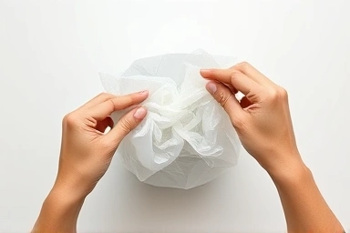 Hands folding a plastic trash bag into a compact square.