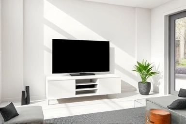 Spacious minimalist living room with TV on a stand, no cabinet
