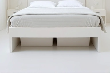 Tidy under-bed storage containers in a minimalist bedroom.