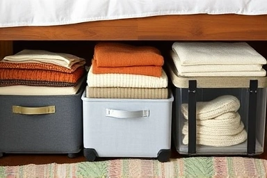 Variety of under-bed storage containers filled with organized items.