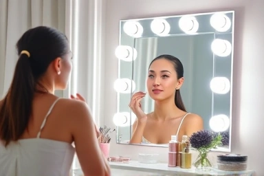 Elegant vanity table with shadowless LED makeup lighting.
