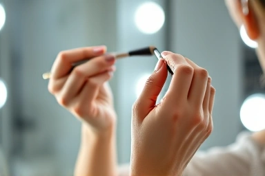 Precise makeup application under perfect vanity lighting.