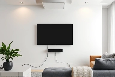 Clean living room with hidden wall-mounted TV cables and devices.