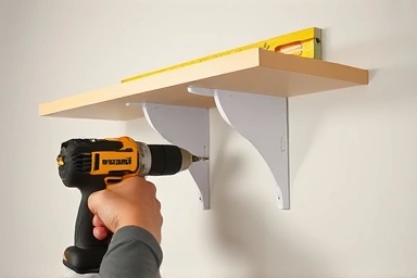 Expert hands installing a wall shelf bracket with tools