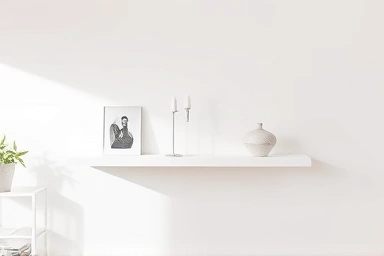 Minimalist living room with a floating wall shelf.