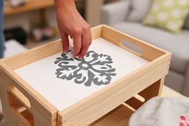Hands decorating a recycled wine crate for a DIY storage project.
