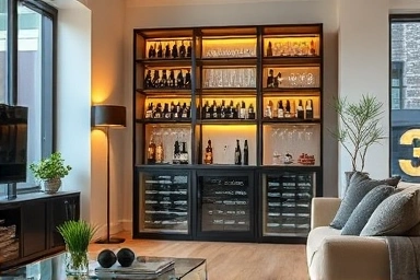 Modern wine rack in a cozy living room corner