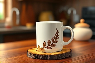Handcrafted wood-burning coaster with leaf design on a home cafe table