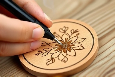 Close-up of hands wood-burning a floral design onto a coaster
