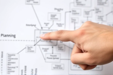 Hand pointing to a detailed strategic planning chart.