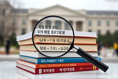 Korean educational textbooks and magnifying glass