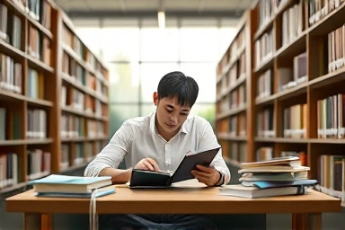 Student studying diligently in a modern library for civil servant exam.