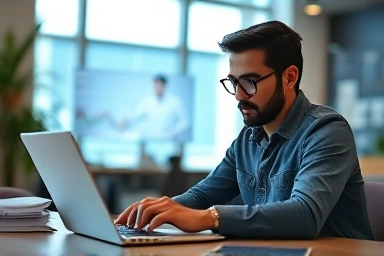 Person studying data analytics with abstract visualizations.