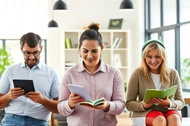 Adults learning English with various materials in different locations.