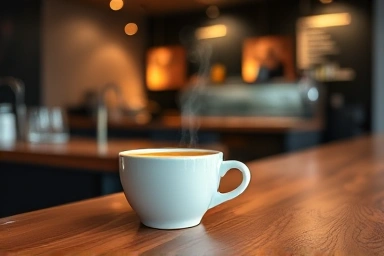 Steaming cup of coffee on a cafe counter