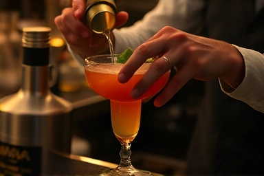Bartender hands crafting a colorful cocktail with precision and speed.