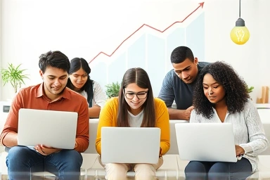 Adults learning English grammar online with enthusiasm and success.