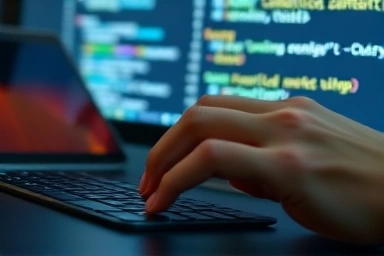 Hands coding on a keyboard, focused on problem-solving.