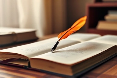 Inspiring quill pen on notebook, symbolizing creative writing.