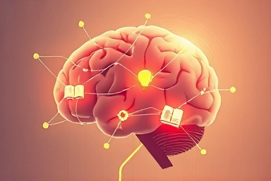 Brain with glowing neural pathways connecting concepts to long-term memory.