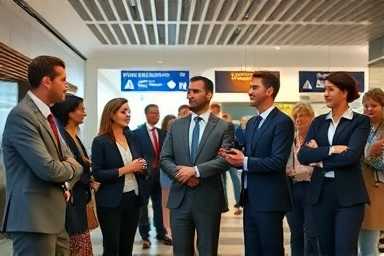 Business professionals communicating confidently during international travel.