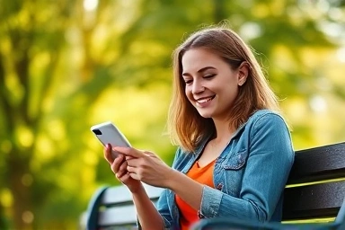 Woman learning English on phone app outdoors.
