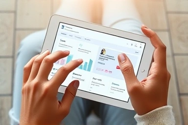 Hands using tablet, online learning interface, digital education, close-up.