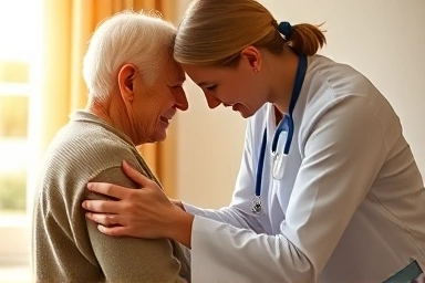 Caring caregiver assisting an elderly person with warmth.