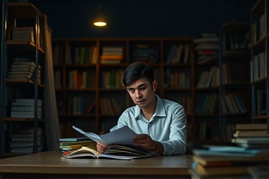 Student preparing for university entrance interview in a study room.
