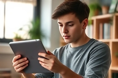 Young adult learning Chinese through news.