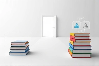Path to accounting success with books and digital icons.