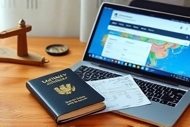 Passport, plane ticket, and laptop symbolizing preparation for studying abroad.