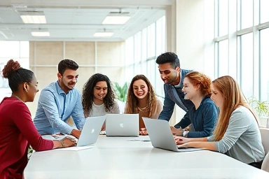 Diverse group collaborating in a modern tech workspace.